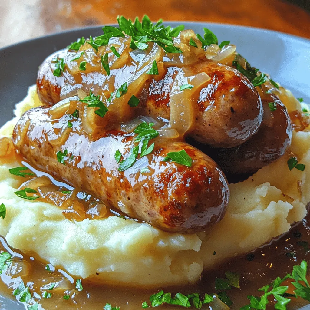 - 4 pork sausages (any flavor) - 1 pound (450g) of russet potatoes, peeled and chopped - 1/2 cup (120ml) whole milk - 1/4 cup (60g) unsalted butter - 1 tablespoon olive oil - 1 onion, thinly sliced - 2 cloves garlic, minced - 1 cup (240ml) low-sodium chicken broth - 1 tablespoon Dijon mustard - 1 tablespoon fresh parsley, chopped - Salt and pepper to taste