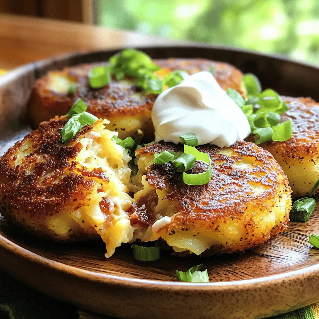 To make quick stuffed potato cakes, you need simple ingredients. Start with 2 large russet potatoes. Peel and cube them. You will also need 1 cup of shredded cheese. Cheddar works great, but use any cheese you love. Add 1/2 cup of cooked bacon for a savory touch. If you prefer plant-based options, that works too! You will need 1/4 cup of green onions, finely chopped. This adds a fresh flavor. Don