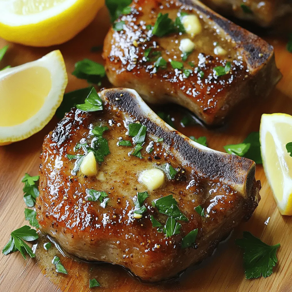 - 4 bone-in pork chops (about 1-inch thick) - Salt and pepper to taste - 2 tablespoons olive oil - 4 tablespoons unsalted butter - 4 cloves garlic, minced - 1 teaspoon fresh thyme leaves (or 1/2 teaspoon dried thyme) - 1 tablespoon fresh parsley, chopped for garnish - Lemon wedges, for serving
