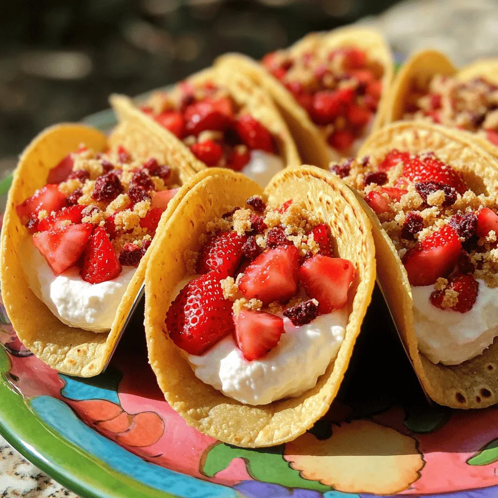- 1 cup graham cracker crumbs - 1/2 cup crushed freeze-dried strawberries - 1/4 cup unsalted butter, melted - 8 oz cream cheese, softened - 1/2 cup powdered sugar - 1 tsp vanilla extract - 1 cup heavy whipping cream - 2 cups fresh strawberries, hulled and diced - Taco shells (mini or regular size)
