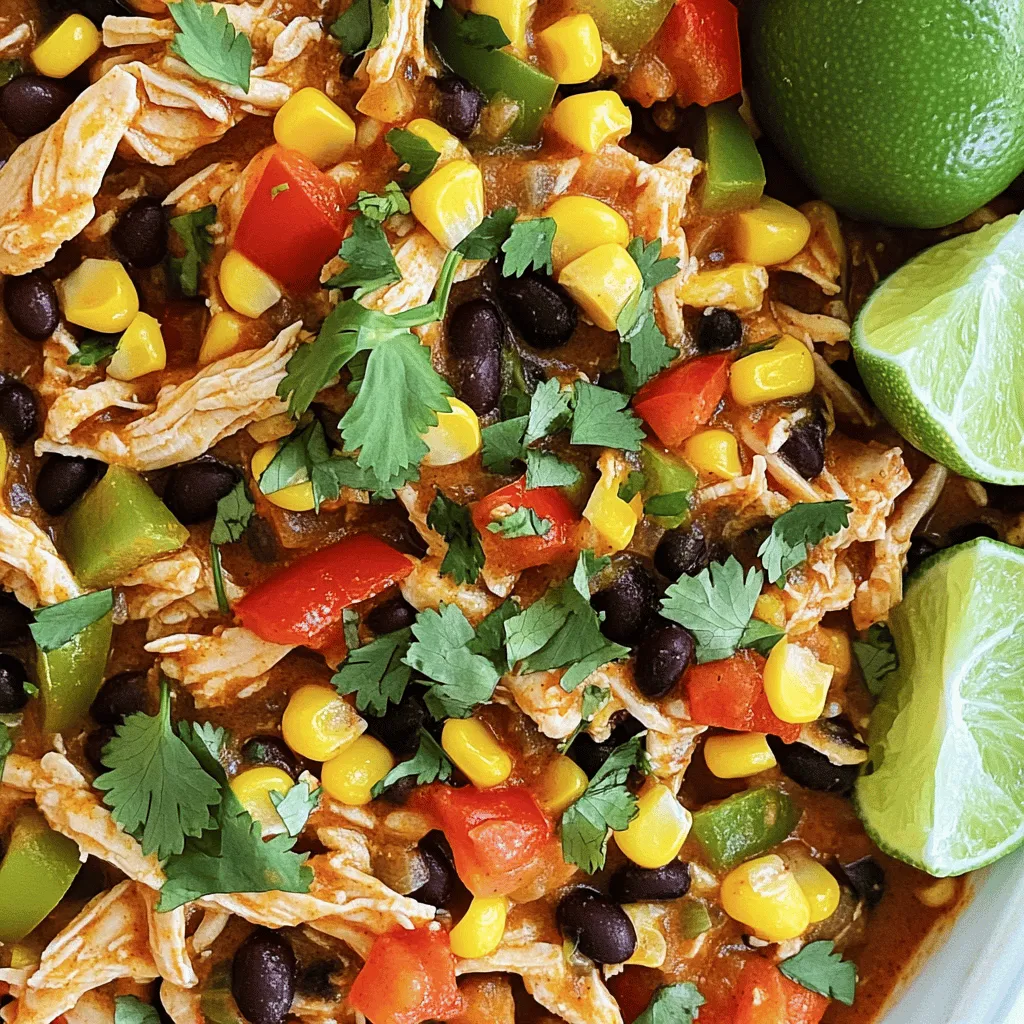 - 4 boneless, skinless chicken breasts - 1 can (15 oz) black beans, drained and rinsed - 1 can (15 oz) corn, drained - 1 can (14.5 oz) diced tomatoes with green chilies - 1 red bell pepper, diced - 1 green bell pepper, diced - 1 onion, finely chopped - 2 cloves garlic, minced