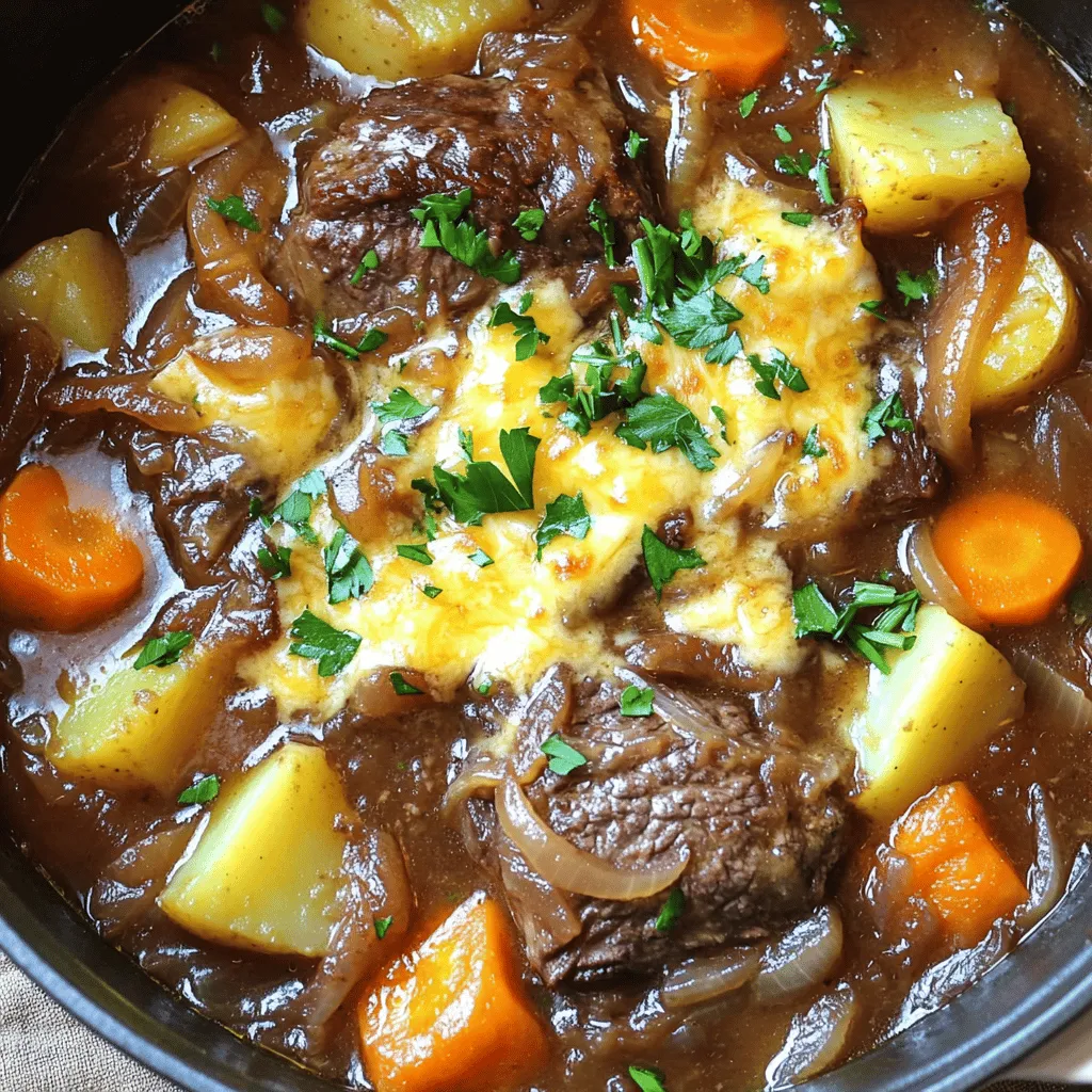 - 3-4 lbs chuck roast - 2 large onions, sliced - 4 cloves garlic, minced