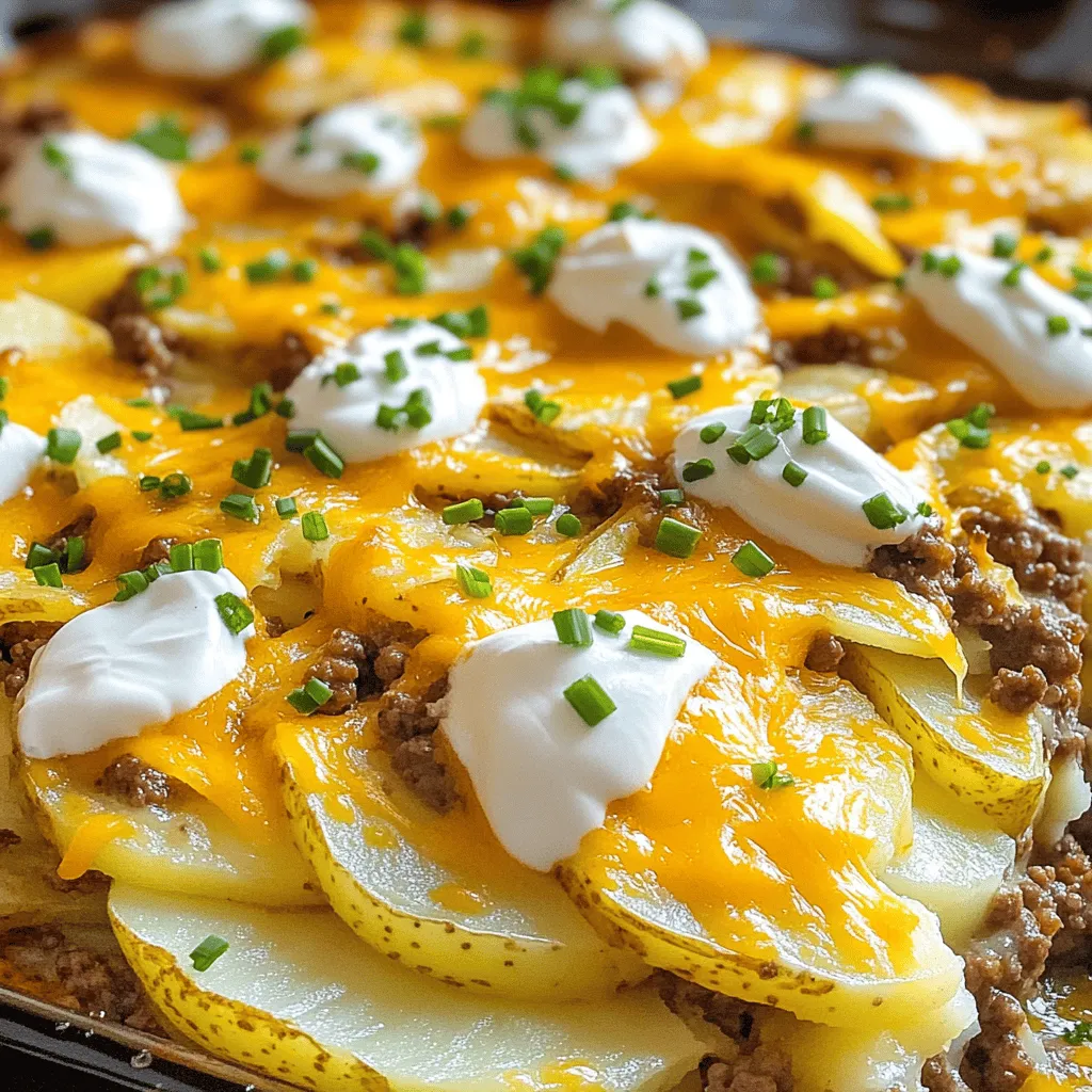 To make your Easy Hamburger Potato Casserole, gather these simple ingredients: - 1 pound ground beef - 1 medium onion, diced - 2 cloves garlic, minced - 4 medium potatoes, thinly sliced - 1 cup shredded cheddar cheese - 1 cup sour cream - 1 cup beef broth - 1 teaspoon paprika - 1 teaspoon salt - ½ teaspoon black pepper - ½ teaspoon dried oregano - 1 tablespoon olive oil - Fresh chives, chopped (for garnish)