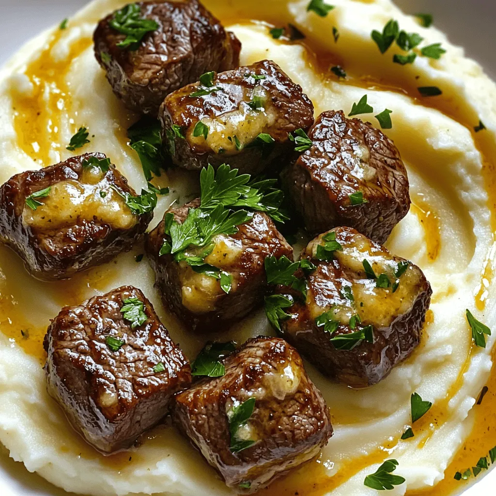 To make garlic butter steak bites and mash, you need a few key ingredients. First, choose 1 pound of beef sirloin. This cut works best for steak bites. It cooks quickly and stays tender.