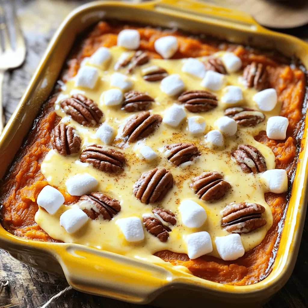 To make sweet potato casserole, you need a few key items. First, grab four medium sweet potatoes, about two pounds. Peel and cube them before cooking. You’ll also need half a cup of brown sugar and a quarter cup of granulated sugar for sweetness. Melt half a cup of unsalted butter and mix in half a cup of milk. Two large eggs will help bind the casserole. For flavor, add one teaspoon of vanilla extract, one teaspoon of cinnamon, a quarter teaspoon of nutmeg, and a quarter teaspoon of salt. Lastly, don’t forget two cups of mini marshmallows for that sweet, toasted topping.