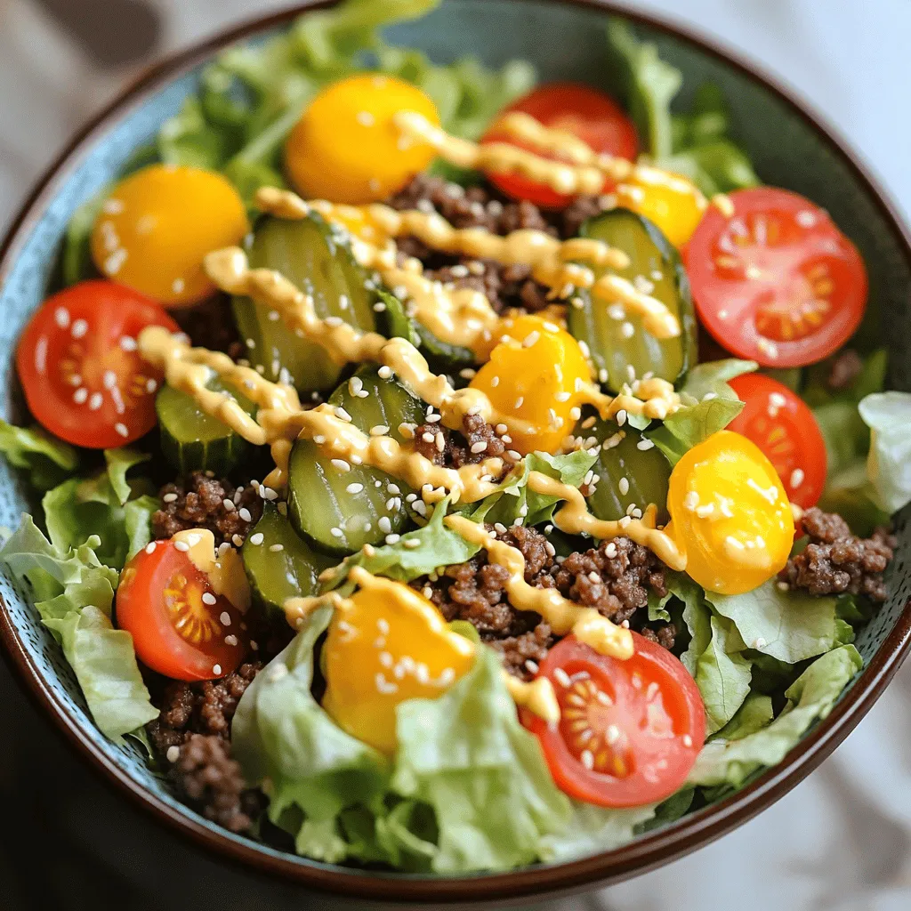 To make a tasty Keto Big Mac Salad, you need these key items: - 1 lb ground beef - 1 tablespoon olive oil - 1 teaspoon onion powder - 1 teaspoon garlic powder - Salt and pepper to taste - 4 cups romaine lettuce, chopped - 1 cup cherry tomatoes, halved - ½ cup dill pickles, diced - ½ cup shredded cheddar cheese - ½ cup keto-friendly mayonnaise - 2 tablespoons mustard - 1 tablespoon apple cider vinegar