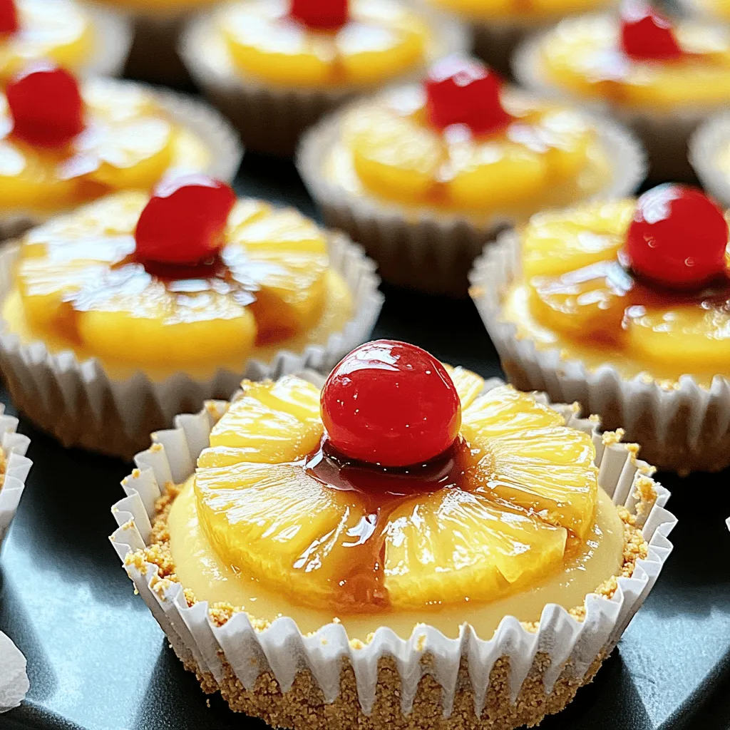 - 1 cup graham cracker crumbs - 2 tablespoons granulated sugar - 1/4 cup unsalted butter, melted - 1 cup cream cheese, softened - 1/2 cup powdered sugar - 1 teaspoon vanilla extract - 1/2 cup sour cream - 1 cup crushed pineapple, drained - 1/4 cup brown sugar - Maraschino cherries for garnish