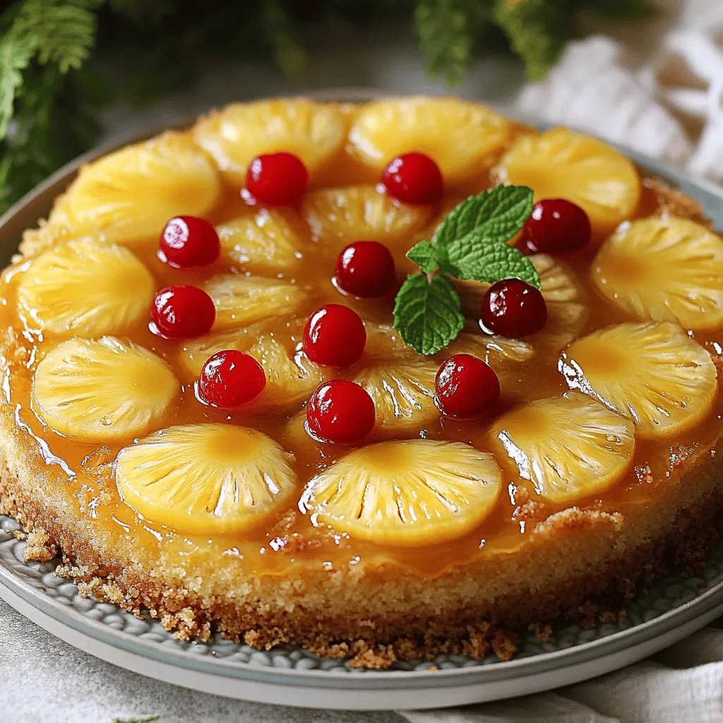 To make this delightful cake, you need some key items. Here’s what you’ll need: - 1 can (20 oz) pineapple slices, drained (reserve juice) - 1 cup packed brown sugar - 1/2 cup unsalted butter, melted - 1/2 cup maraschino cherries (optional) - 1 1/2 cups all-purpose flour - 1 cup granulated sugar - 1/2 tsp baking powder - 1/2 tsp baking soda - 1/4 tsp salt - 1/2 cup sour cream - 3 large eggs - 1 tsp vanilla extract - 1/2 cup of the reserved pineapple juice (add additional water if needed to reach 1/2 cup)