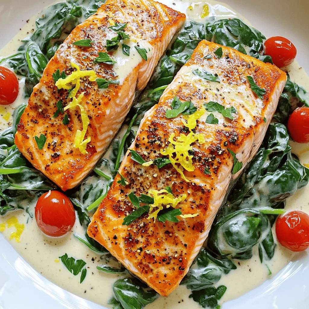 For a great pan-seared salmon recipe, you need fresh salmon fillets, spinach, and cherry tomatoes. You will also need garlic, lemon juice, olive oil, and butter. Heavy cream adds a rich flavor, while red pepper flakes give a little heat. Finally, salt, pepper, and lemon zest garnish the dish beautifully.