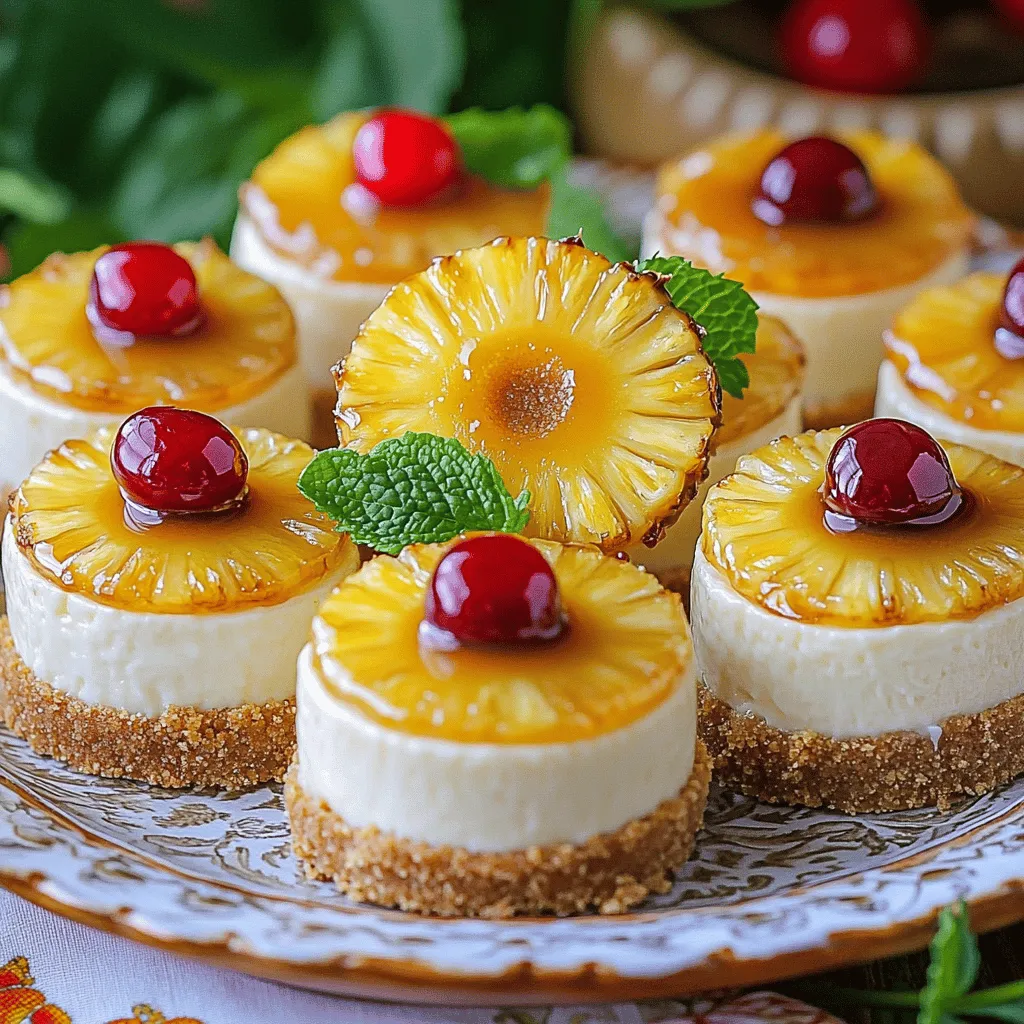 - 1 cup crushed graham crackers - 4 tablespoons unsalted butter, melted - 16 oz cream cheese, softened - 1 cup granulated sugar - 1 teaspoon vanilla extract - 2 large eggs - 1 can (20 oz) pineapple slices in juice, drained - Maraschino cherries for garnish (optional) - 1/2 cup brown sugar