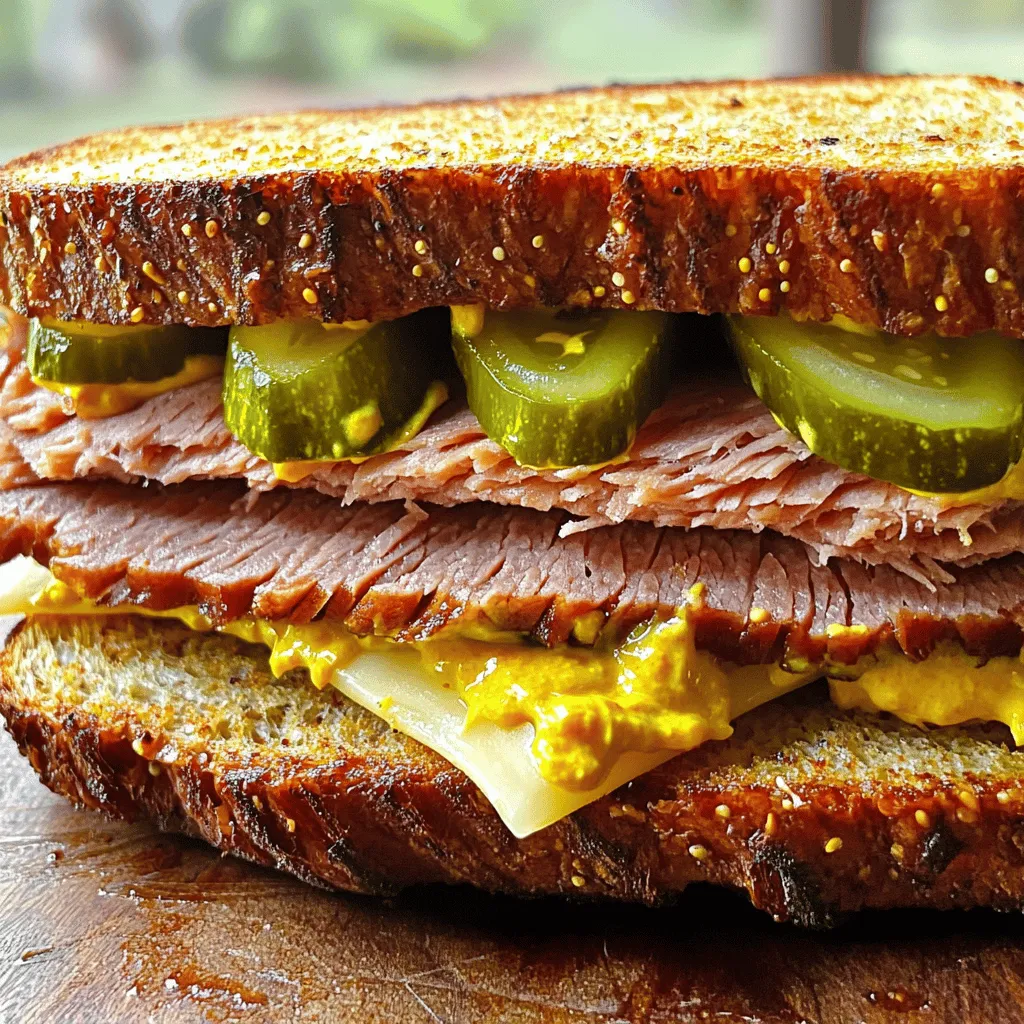 - Hand-sliced pastrami - Rye bread - Yellow mustard - Dill pickle slices - Swiss cheese (optional) - Butter