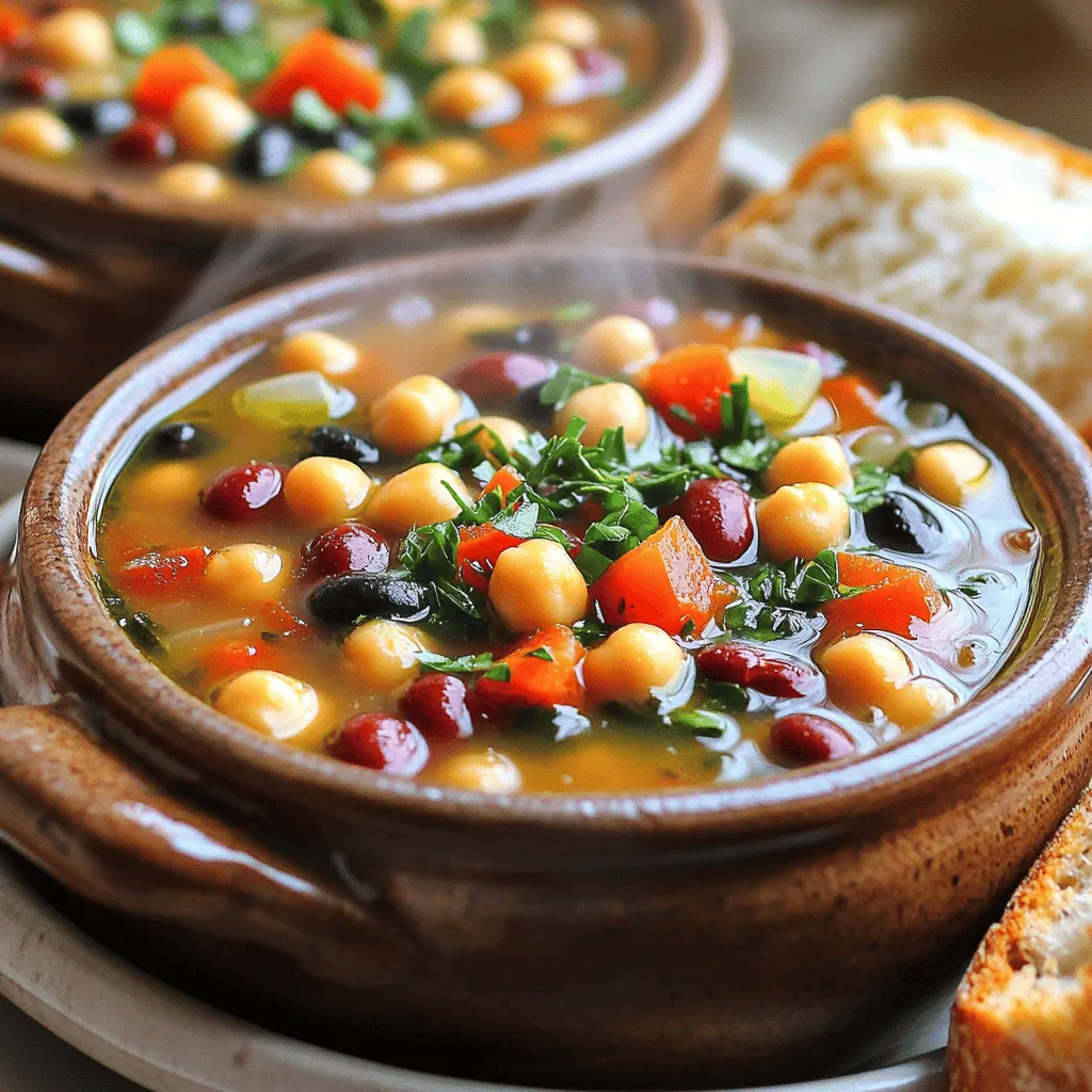 Savory Mediterranean bean soup delights with simple yet flavorful ingredients. The main players in this dish are canned beans, fresh veggies, and herbs. Canned beans in soup make life easier. They save time and add protein. I love using mixed beans like kidney, chickpeas, and black beans for variety.