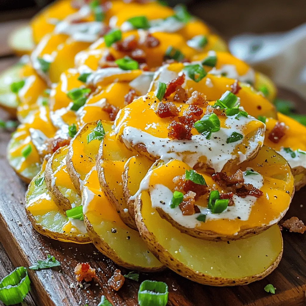 Loaded potato slices are simple yet delicious. You need some basic ingredients to get started. The main ingredient is russet potatoes. I recommend using four medium-sized ones. Slice them into 1/4 inch rounds for the best texture.