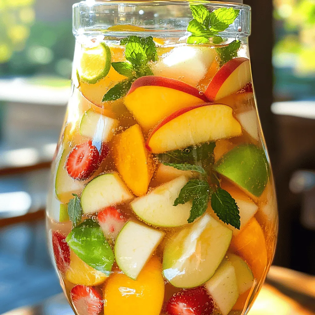 To make a tasty white sangria, you need some key ingredients: - 3 cups sparkling white grape juice - 1 cup orange juice (freshly squeezed for best flavor) - 1/2 cup lemon-lime soda (or sparkling water for a lighter option) - 1 cup diced peaches (fresh or frozen) - 1 cup strawberries, hulled and sliced - 1 green apple, cored and diced - 1/2 cup fresh mint leaves, chopped - 1 lemon, thinly sliced - 1 lime, thinly sliced - Ice cubes