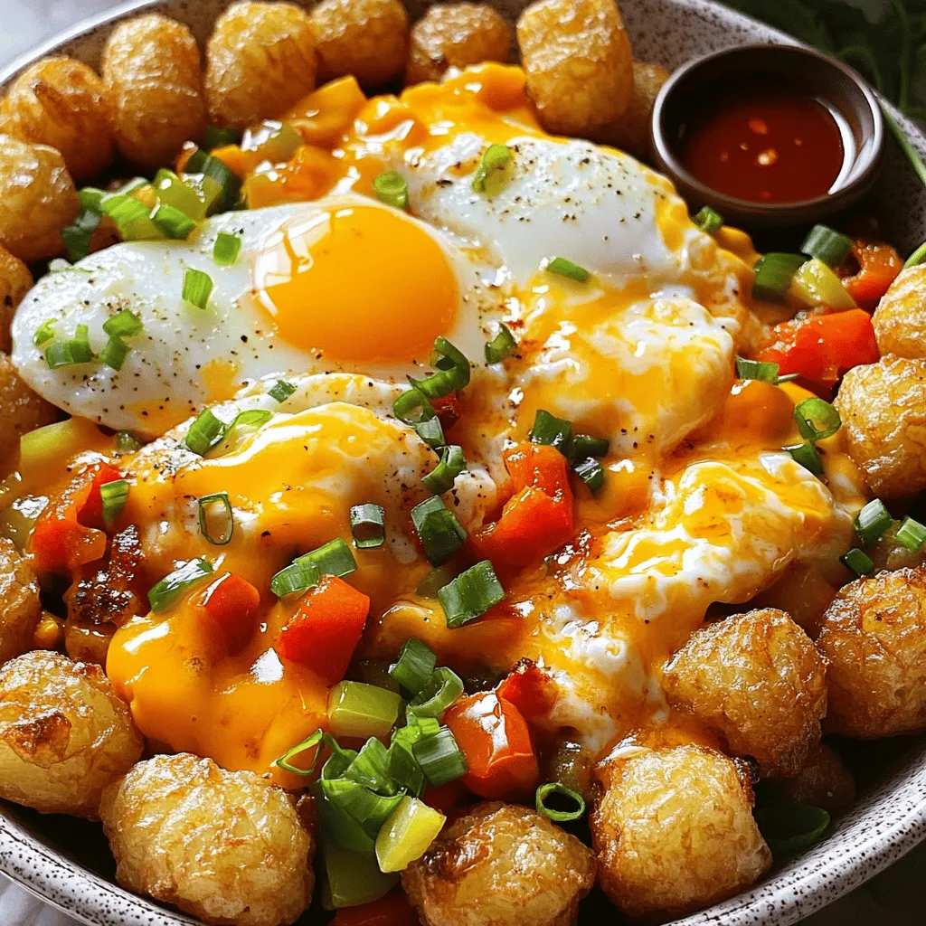 For a tasty Tater Tot Breakfast Bowl, gather these key ingredients: - 2 cups frozen tater tots - 4 large eggs - ½ cup shredded cheddar cheese - ¼ cup diced cooked ham or bacon (optional) - 1 small bell pepper, diced - ¼ cup green onions, sliced - 2 tablespoons olive oil - Salt and pepper to taste