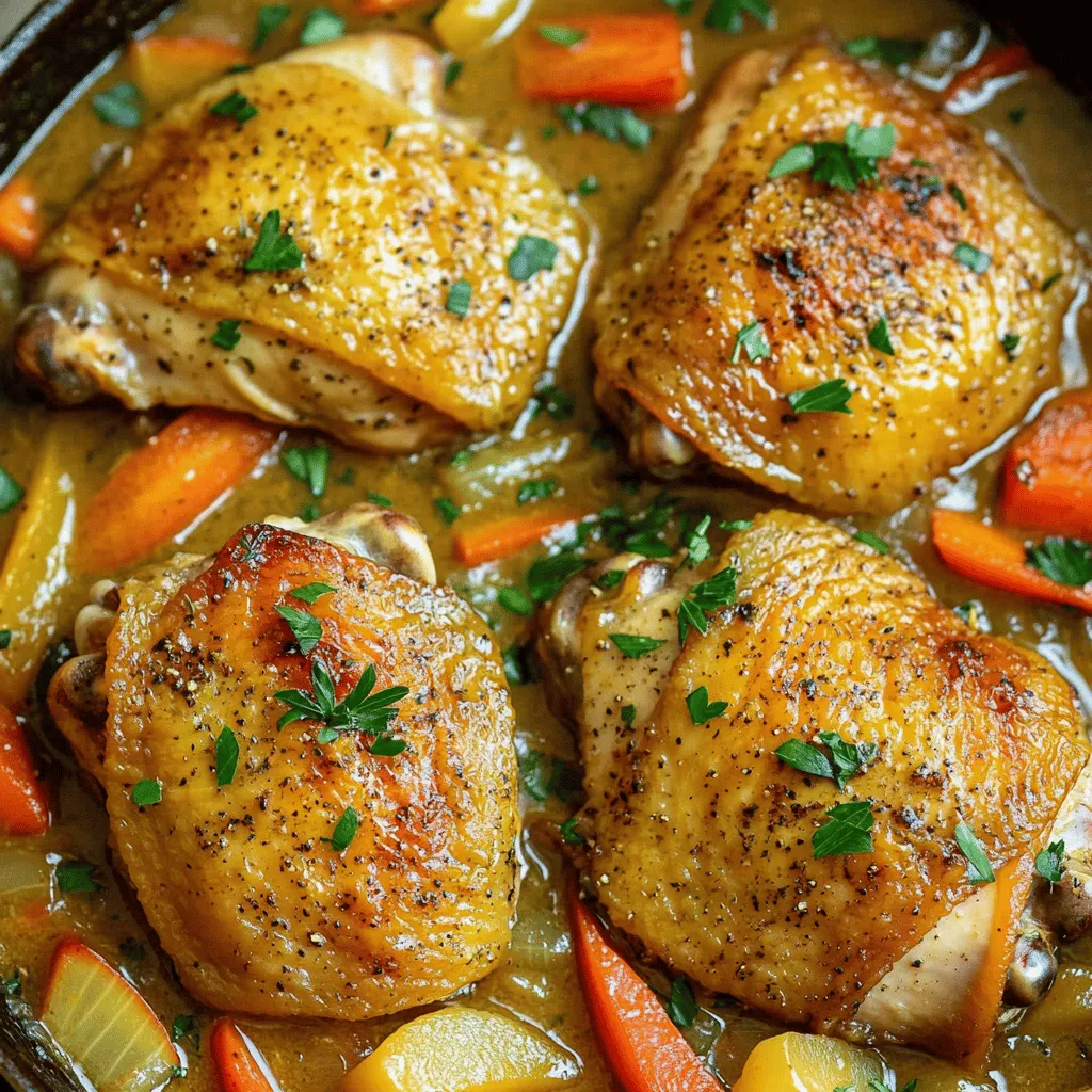 The country French skillet chicken recipe shines with simple yet vibrant ingredients. You start with four bone-in, skin-on chicken thighs. The skin gives great flavor and crispiness. Olive oil helps to sear the chicken and adds richness.