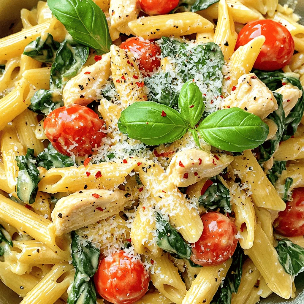 What key ingredients are needed for this recipe? To make Instant Pot Tuscan Chicken Pasta, you need simple and fresh ingredients. Start with 1 pound of boneless, skinless chicken breasts. Cut them into bite-sized pieces for quick cooking. You will also need 2 tablespoons of olive oil for sautéing. For flavor, 3 cloves of minced garlic and 1 teaspoon of Italian seasoning are essential. Add a kick with 1/2 teaspoon of red pepper flakes, adjusting to your taste.