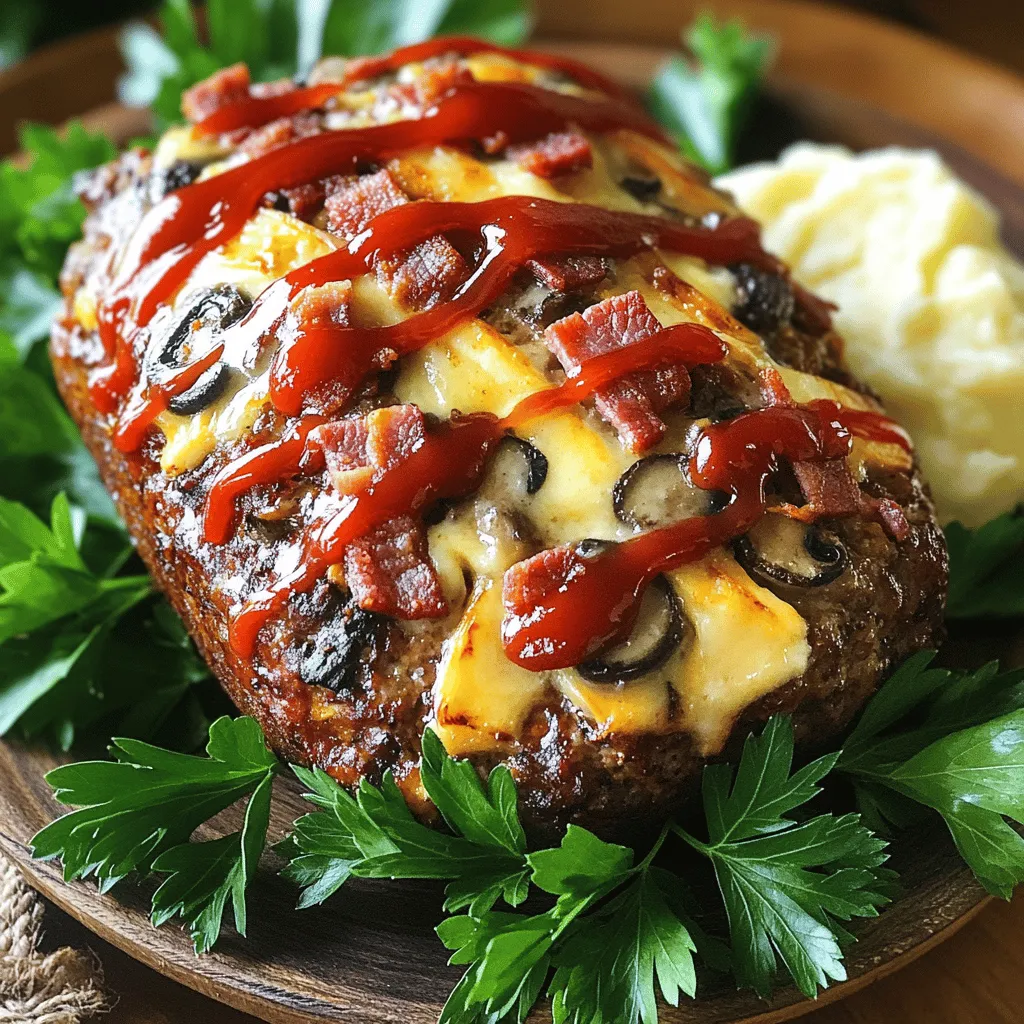 To make this delicious bacon mushroom swiss cheese meatloaf recipe, you need some key ingredients. First, gather 1 pound of ground beef and 1/2 pound of ground pork. The mix of meats gives great flavor and texture. Next, chop 1 cup of mushrooms and 1/4 cup of onion. You can use button or cremini mushrooms. Cook 1 cup of bacon until crispy and chop it up. You will also need 1 cup of shredded Swiss cheese, 1/2 cup of breadcrumbs, and 1/2 cup of milk. Don’t forget 2 cloves of minced garlic, 1 large egg, and 2 tablespoons of Worcestershire sauce. Finally, grab salt, pepper, and 1/4 cup of ketchup for topping.