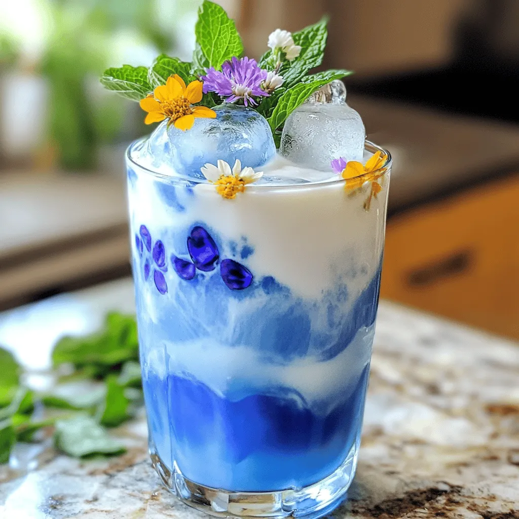 To create a lovely iced butterfly pea flower tea latte, you need a few key ingredients. First, you need butterfly pea flower tea leaves. These bright blue flowers add color and flavor to your drink. Next, use hot water to brew the tea. This step unlocks the flower