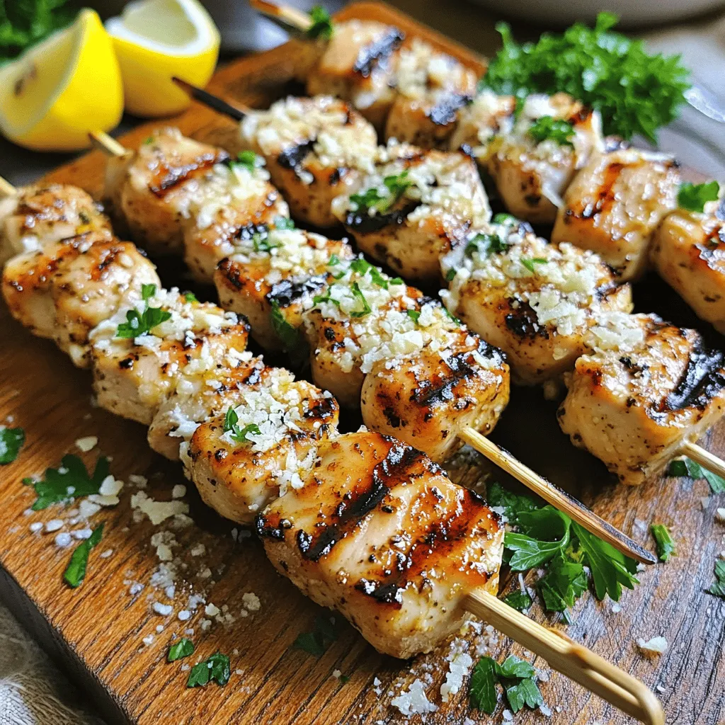 To make these garlic chicken skewers, gather some simple and fresh ingredients. You need one pound of boneless, skinless chicken breasts. Cut the chicken into one-inch cubes for even cooking.