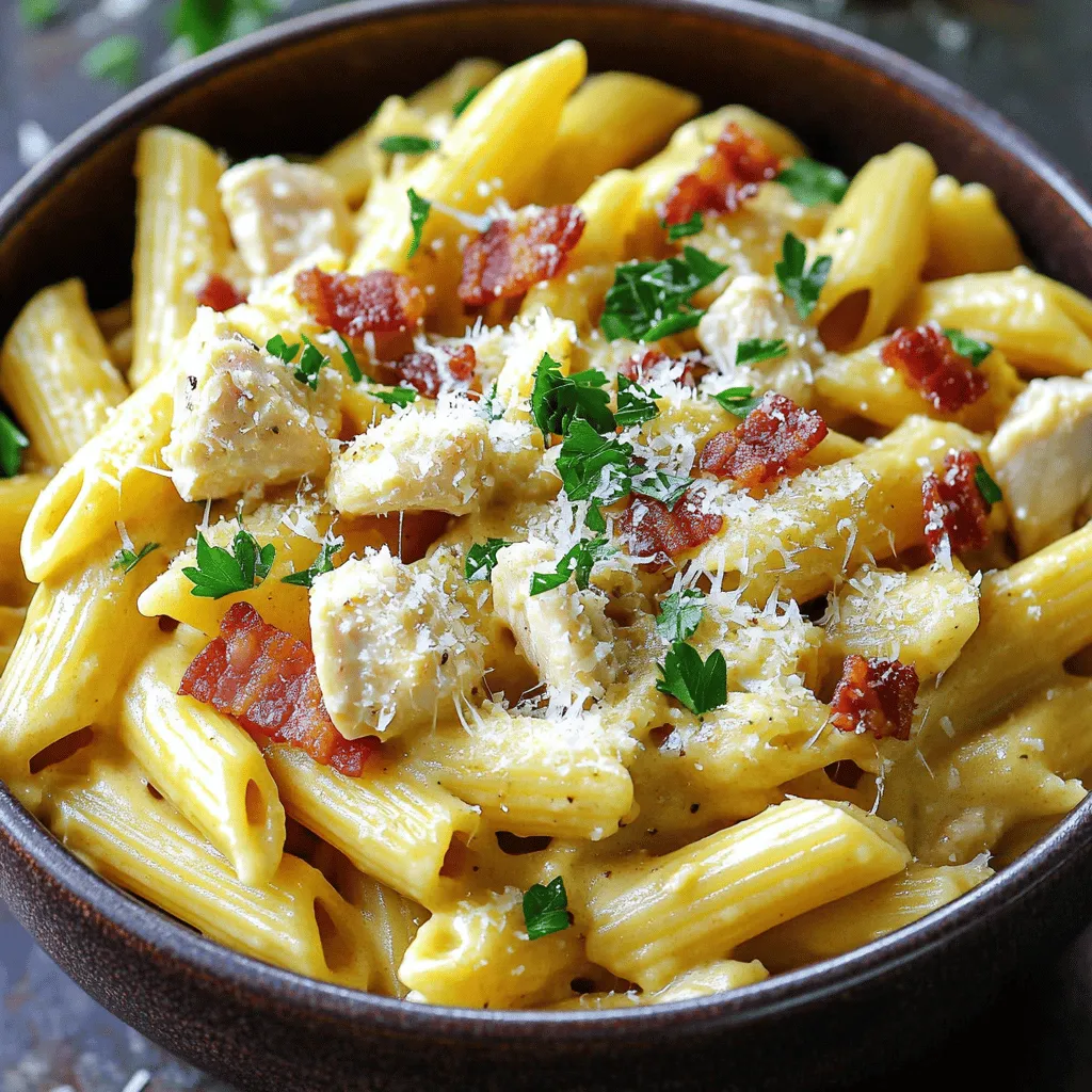 - 300g penne pasta - 2 chicken breasts, diced - 150g bacon, chopped - 1 medium onion, finely chopped - 3 cloves garlic, minced - 200ml heavy cream - 100g grated Parmesan cheese - 2 tablespoons olive oil - 1 teaspoon dried Italian herbs (oregano, basil) - Salt and pepper to taste - Fresh parsley, chopped (for garnish)
