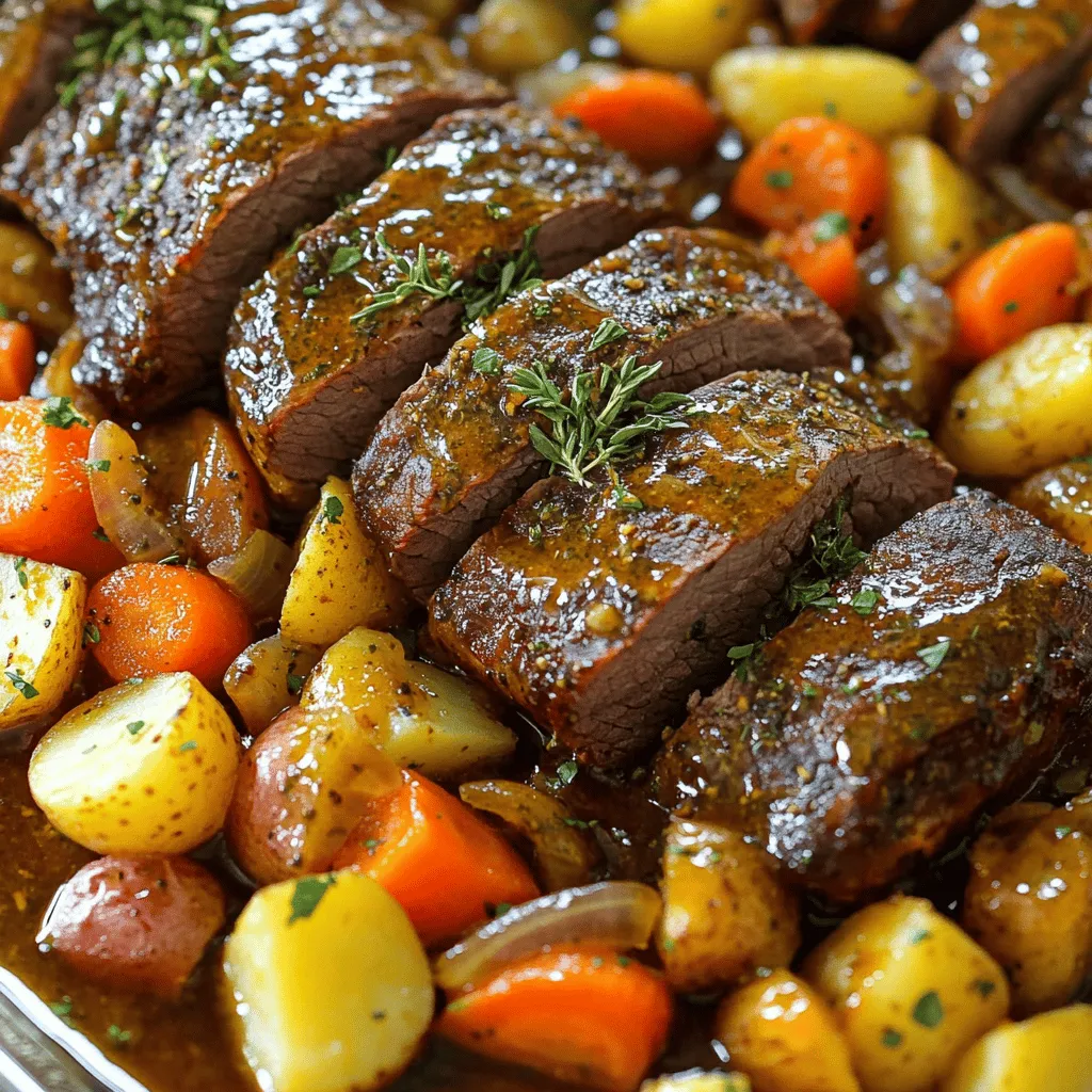 - 3-4 lb beef chuck roast - 4 medium carrots, cut into large chunks - 3 medium potatoes, quartered - 1 large onion, quartered - 3 cloves garlic, minced - 2 teaspoons dried thyme - 2 teaspoons dried rosemary - 1 teaspoon paprika - Salt and pepper to taste