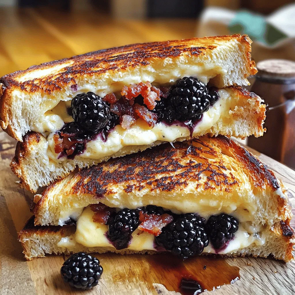 - 4 slices of sourdough bread - 4 ounces Brie cheese, sliced - 4 slices of crispy bacon - 1/4 cup fresh blackberries
