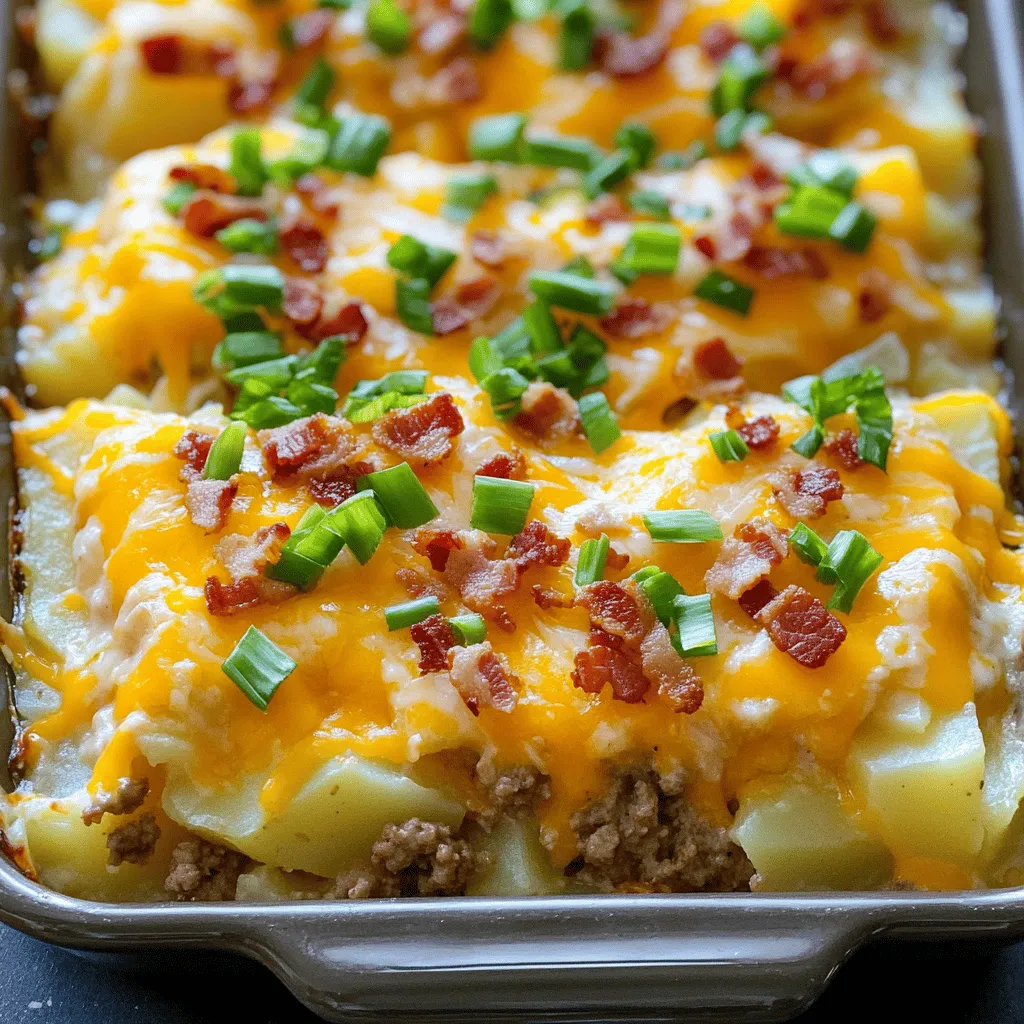 The loaded potato and meatloaf casserole recipe shines with its simple yet robust ingredients. This dish uses a mix of rich flavors and textures. The base starts with three large russet potatoes. These potatoes are great because they are starchy and creamy when cooked.