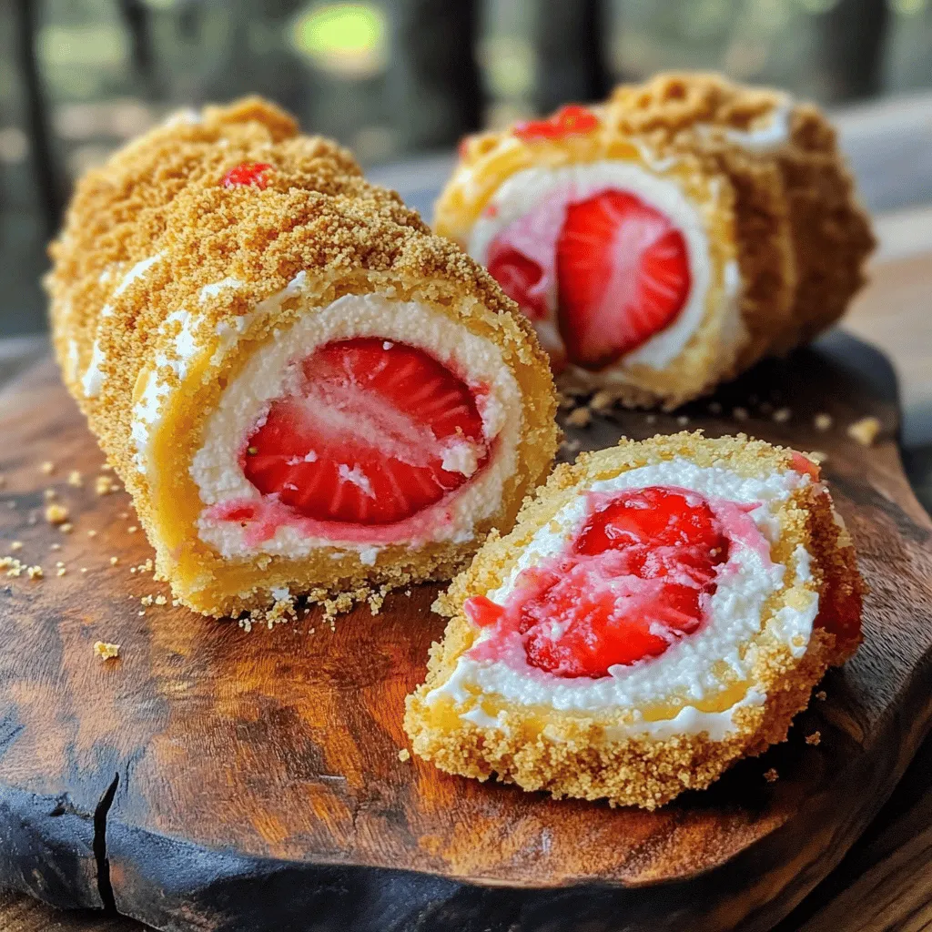 For easy strawberry cheesecake rolls, you need just a few simple items. Start with 6 large flour tortillas. These serve as the base for our rolls. Next, you’ll need 1 cup of softened cream cheese. This creates a smooth and creamy cheesecake filling. Add 1/2 cup of powdered sugar for sweetness and 1 teaspoon of vanilla extract for flavor. Fresh strawberries are key too. You’ll need 1 cup, hulled and sliced, to bring a bright taste. Finally, gather 1/2 cup of heavy whipping cream and 1 tablespoon of lemon juice. These make the filling light and fluffy. Don’t forget 1/4 cup of graham cracker crumbs to coat the outside.