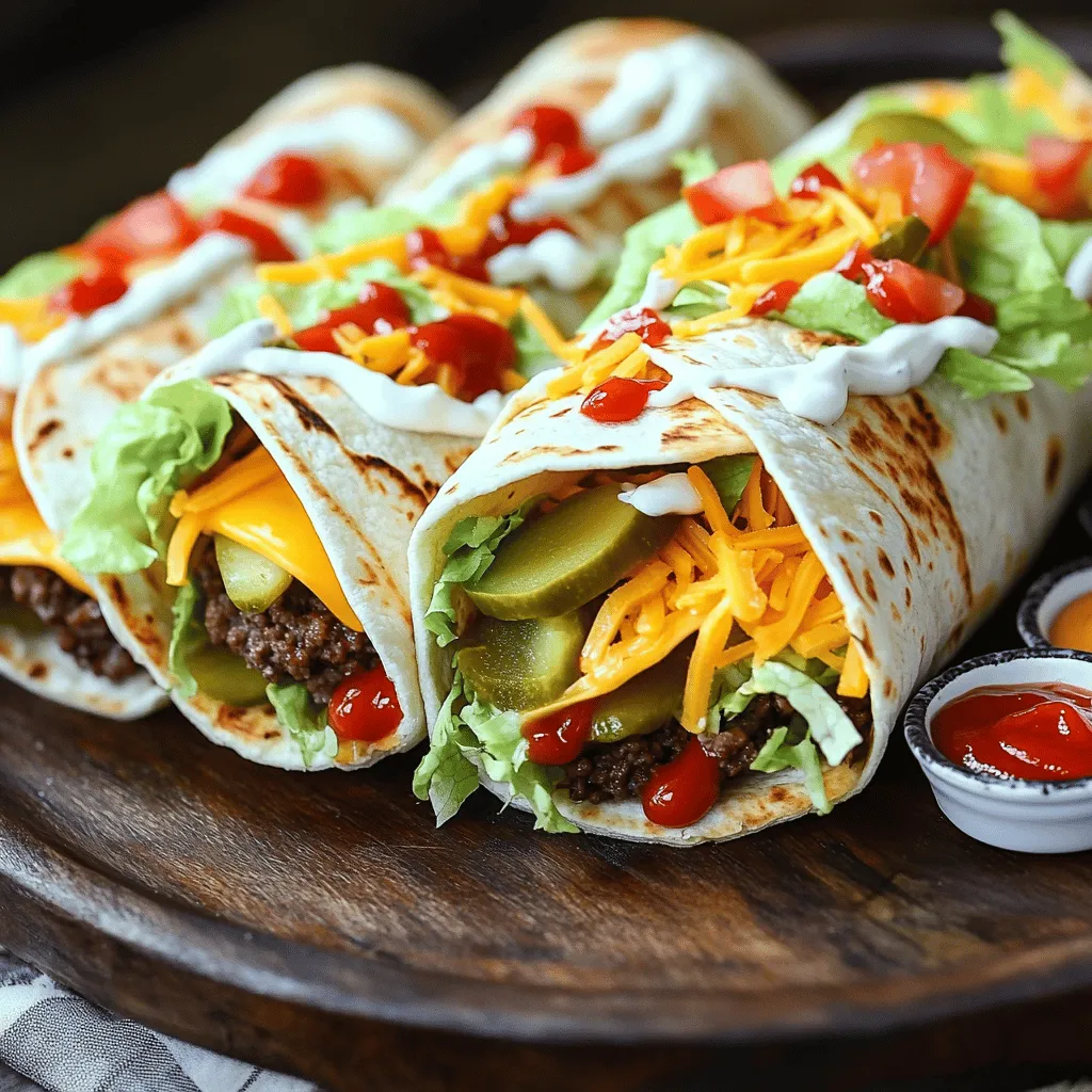 - 1 lb ground beef - 1 cup shredded cheddar cheese - 1 tablespoon Worcestershire sauce - 1 teaspoon garlic powder - 1 teaspoon onion powder - Salt and pepper to taste - 4 large flour tortillas - ½ cup lettuce, shredded - 1 tomato, diced - ¼ cup pickles, diced - ¼ cup ketchup - ¼ cup mayonnaise - Optional: hot sauce