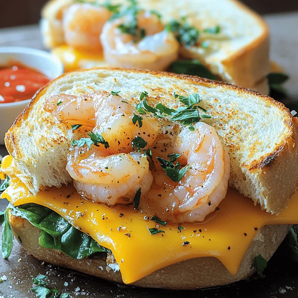 The garlic butter shrimp grilled cheese sandwich shines with its simple yet bold flavors. The main ingredient is shrimp. I recommend using fresh, raw shrimp. They bring a sweet and tender bite to the dish. You want shrimp that are peeled and deveined for ease. This makes cooking quick and easy.