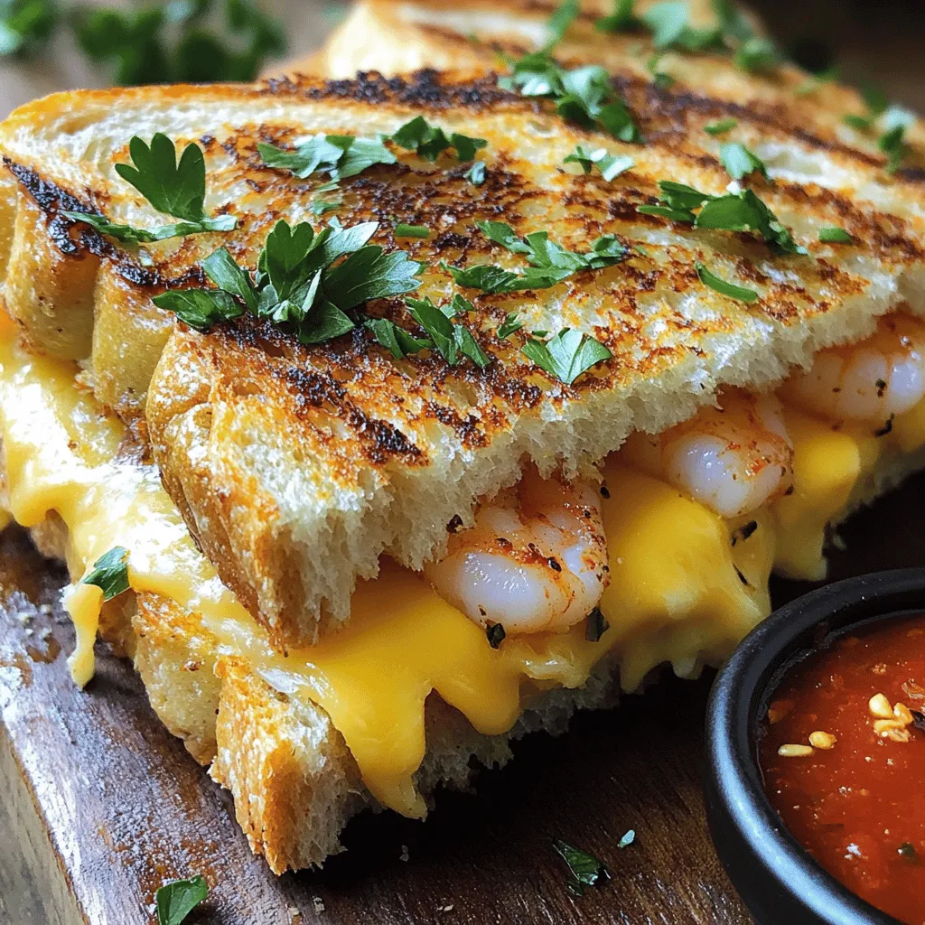 - 8 slices of thick-cut bread (sourdough or ciabatta) - 1 cup cooked shrimp, peeled and deveined - 1 cup shredded mozzarella cheese - 1/2 cup cheddar cheese, shredded - 4 tablespoons butter, softened - 4 cloves garlic, minced - 1 tablespoon fresh parsley, chopped - 1 teaspoon Italian seasoning - Salt and pepper to taste - Optional: crushed red pepper flakes for added spice