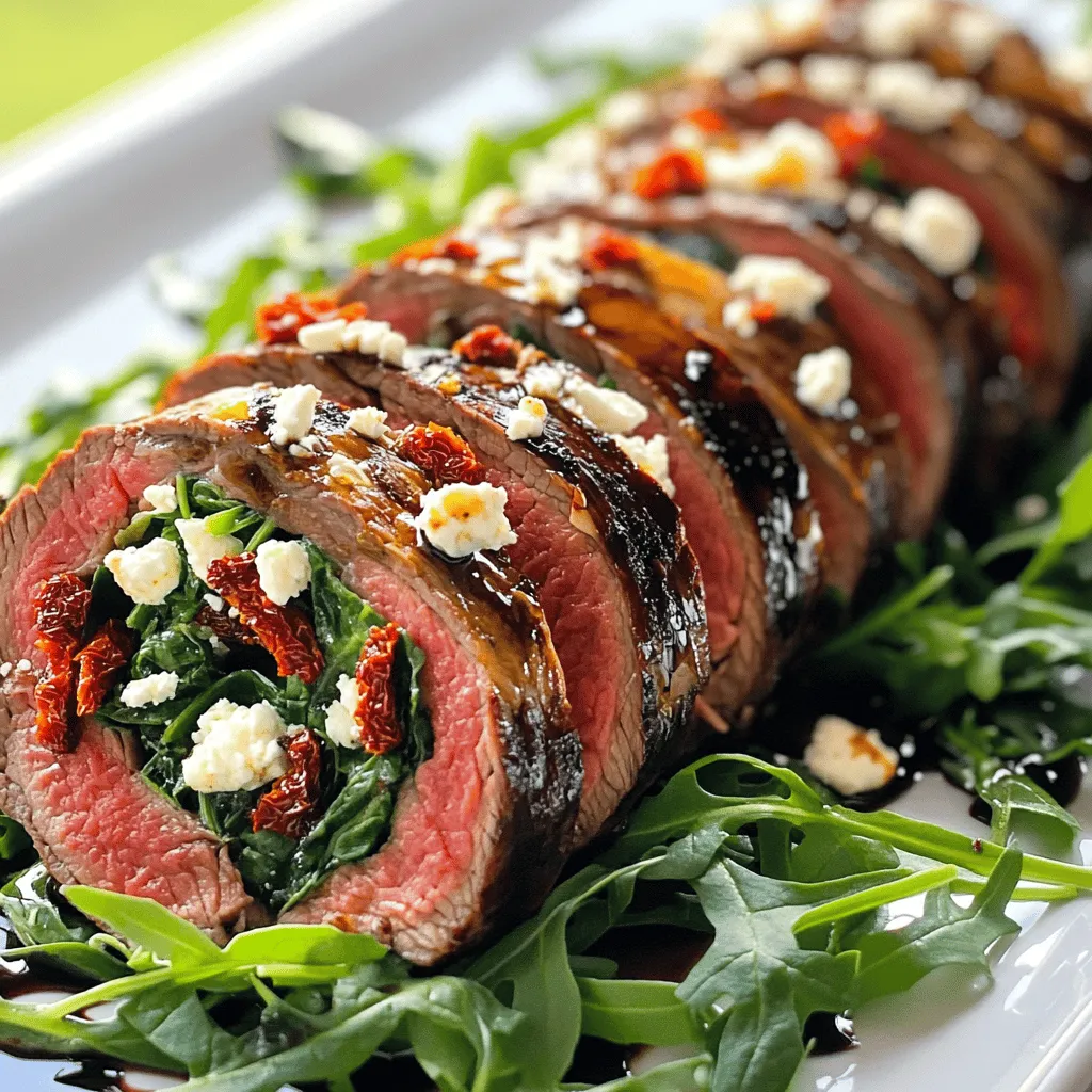 To make a great flank steak roulade recipe, you need the right ingredients. Start with 1½ pounds of flank steak. This cut is tender and full of flavor. Next, gather 1 cup of fresh spinach, chopped. Spinach adds a nice green touch and extra nutrients. You also need ½ cup of sun-dried tomatoes, finely chopped. These tomatoes give a sweet and tangy flavor. Don