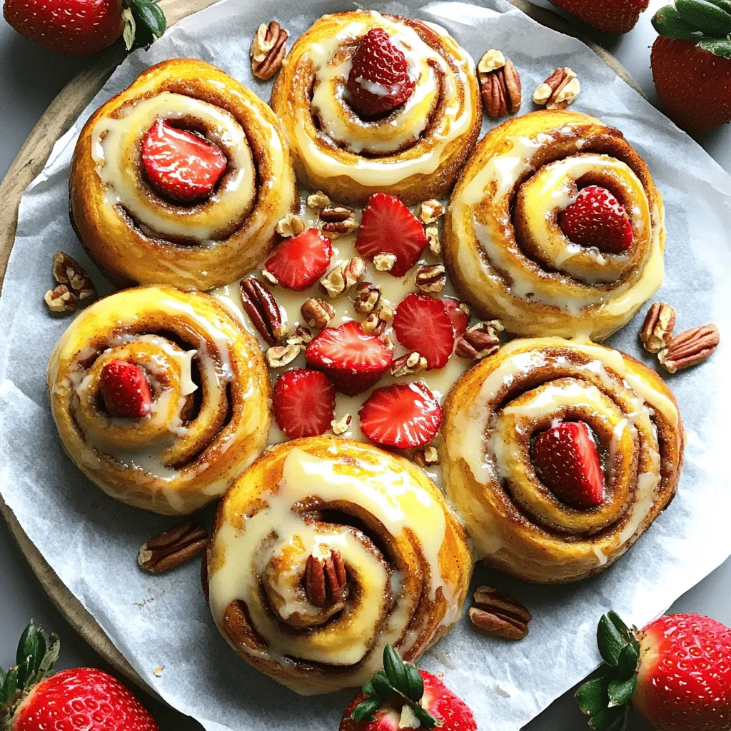 Strawberry cheesecake cinnamon rolls with pecans are a fun twist on classic rolls. These rolls combine soft cinnamon dough with a rich cream cheese filling. The addition of strawberries adds a fresh and fruity taste. Chopped pecans give a nice crunch and nutty flavor.