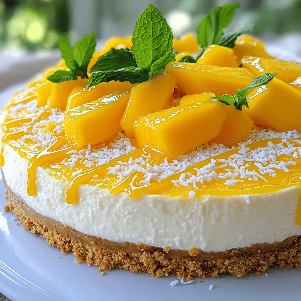To make a great tropical mango cheesecake, you need key ingredients. The crust gives the cheesecake a solid base. I use 1 ½ cups of crushed graham crackers and ½ cup of unsweetened shredded coconut. These create a crunchy and sweet crust. You also need ½ cup of unsalted butter, melted, to bind it all together.