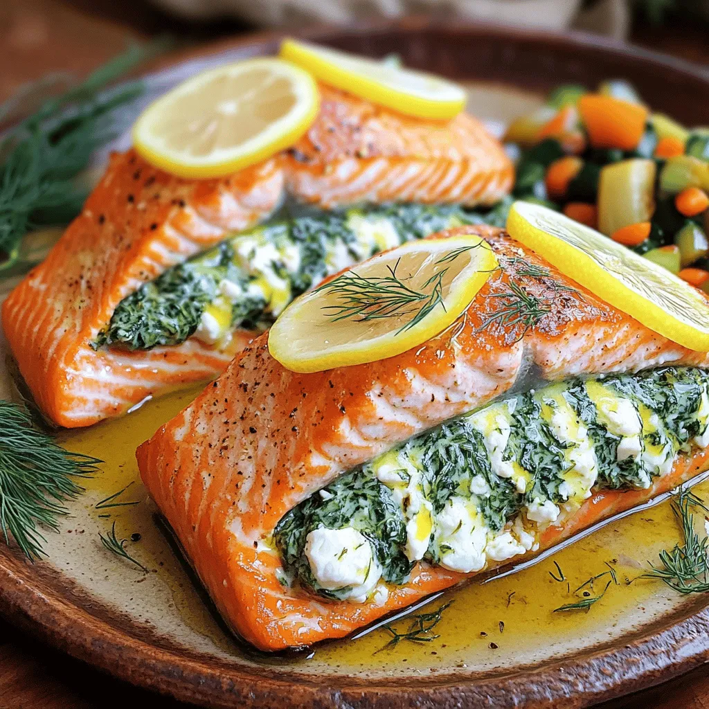 - 2 salmon fillets (6 oz each) - 1 cup fresh spinach, chopped - 1/2 cup cream cheese, softened - 1/4 cup feta cheese, crumbled - 2 cloves garlic, minced - 1 tablespoon lemon juice - 1 teaspoon dill weed - Salt and pepper to taste - 1 tablespoon olive oil - Fresh lemon slices, for garnish