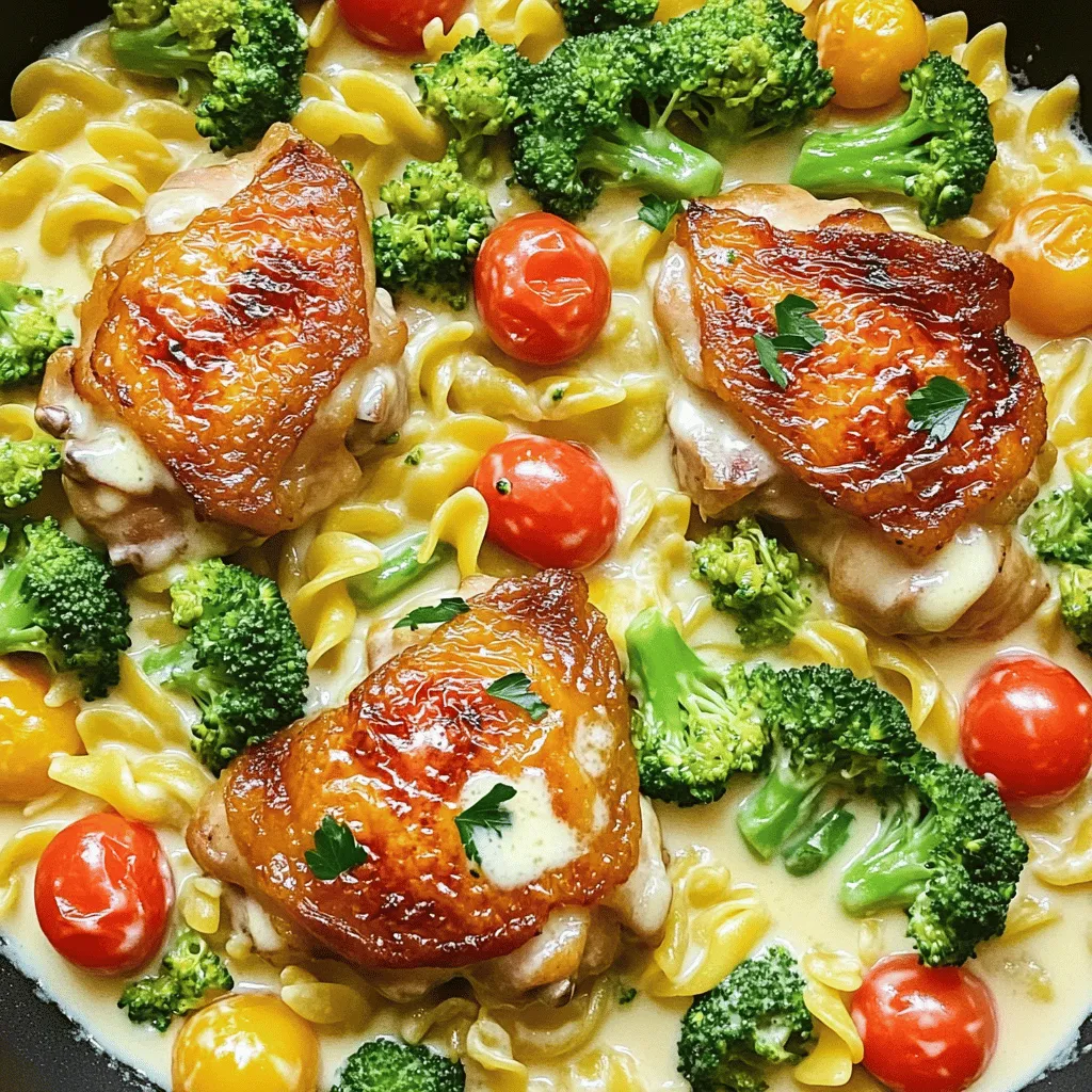 To make this one-pan chicken with buttered noodles, gather these key items: - 4 boneless, skinless chicken thighs - 8 oz egg noodles - 2 tablespoons olive oil - 3 cloves garlic, minced - 1 cup broccoli florets - 1 cup cherry tomatoes, halved - 1 teaspoon dried oregano - 1/2 cup heavy cream - 1/4 cup grated Parmesan cheese - 2 tablespoons unsalted butter - Salt and pepper to taste - Fresh parsley, chopped (for garnish)