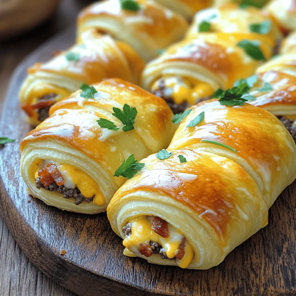 Garlic butter bacon cheeseburger rollups are a tasty twist on classic flavors. They combine ground beef, cheese, and bacon, all wrapped in buttery crescent roll dough. This dish packs a punch of flavor in every bite.
