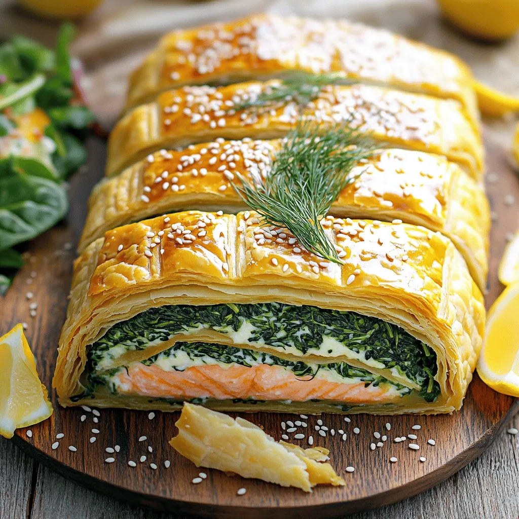 - 1 lb (450g) salmon fillet - 1 sheet of puff pastry (thawed) - 1 cup fresh spinach (chopped)
