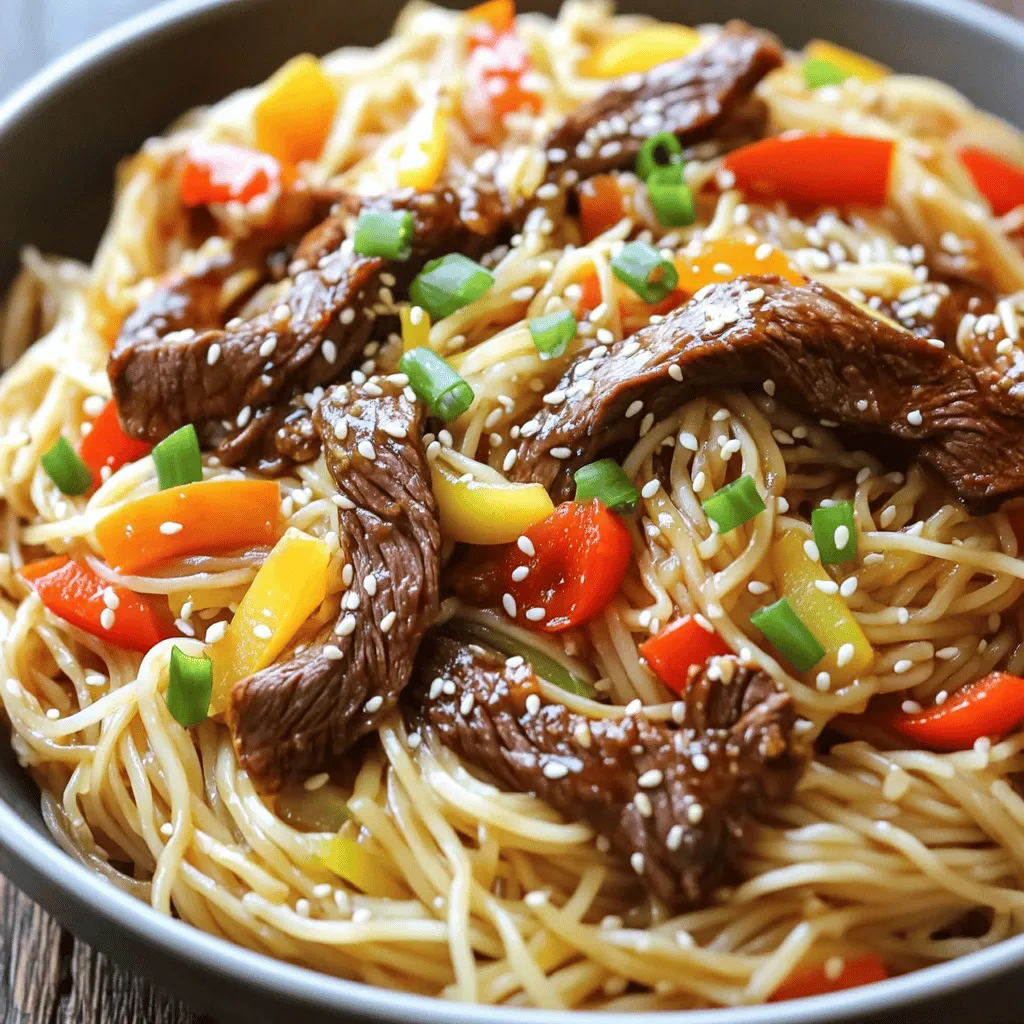 To make hoisin beef noodles, you need a few key ingredients. First, you will need 8 oz. of rice noodles. These noodles soak up flavors well and add a nice texture. Next, get 1 lb. of beef flank steak, sliced thin. This cut cooks quickly and stays tender.