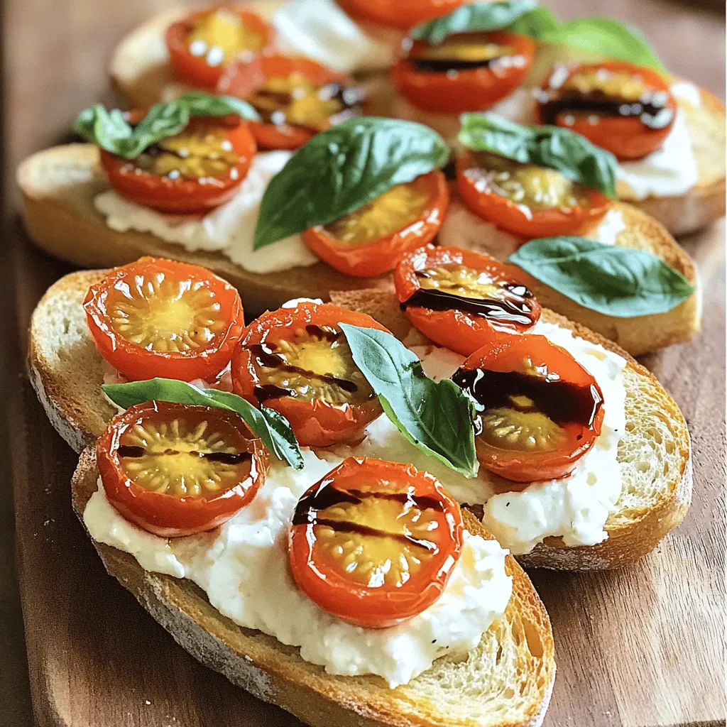 - Fresh burrata cheese - 1 large baguette, sliced diagonally - 2 cups cherry tomatoes, halved - 1/4 cup fresh basil leaves, chopped - 2 tablespoons balsamic glaze - 2 tablespoons extra virgin olive oil - 1 garlic clove, minced - Salt and pepper to taste