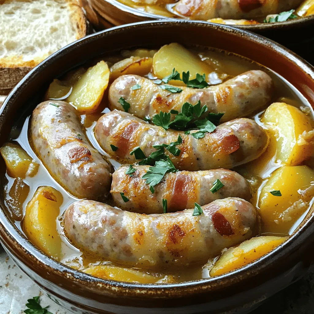 To make a warm bowl of Dublin coddle, you need a few key ingredients. First, you want to use a pound of pork sausages. Irish bangers are the best choice. They are juicy and full of flavor. Next, you will need four slices of bacon, chopped into small pieces. This will add a nice, smoky taste to the dish.