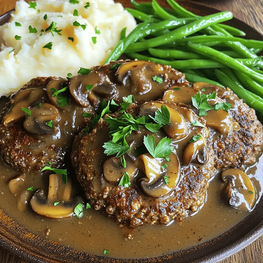 - 1 lb ground beef - 1/2 cup breadcrumbs - 1/4 cup finely chopped onion - 1/4 cup milk - 1 large egg - 1 tablespoon Worcestershire sauce - 1 teaspoon garlic powder - 1 teaspoon salt - 1/2 teaspoon black pepper - 2 tablespoons olive oil (for frying) - 8 oz mushrooms, sliced - 2 cups beef broth - 1 tablespoon soy sauce - 2 tablespoons all-purpose flour - 1 tablespoon fresh parsley, chopped (for garnish)