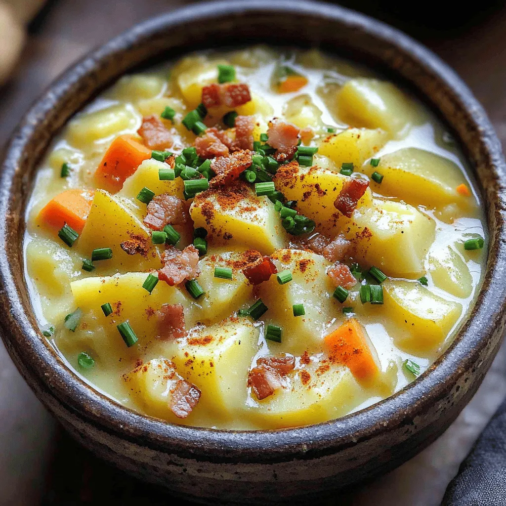 To make a great German potato soup, you need simple, fresh ingredients. The main star is the potato. I suggest using Yukon Gold potatoes. They give a creamy texture and a rich taste. Next, you will need a large onion. A finely chopped onion adds depth to the soup. Garlic is also key. Just two cloves, minced, will enhance the flavor.