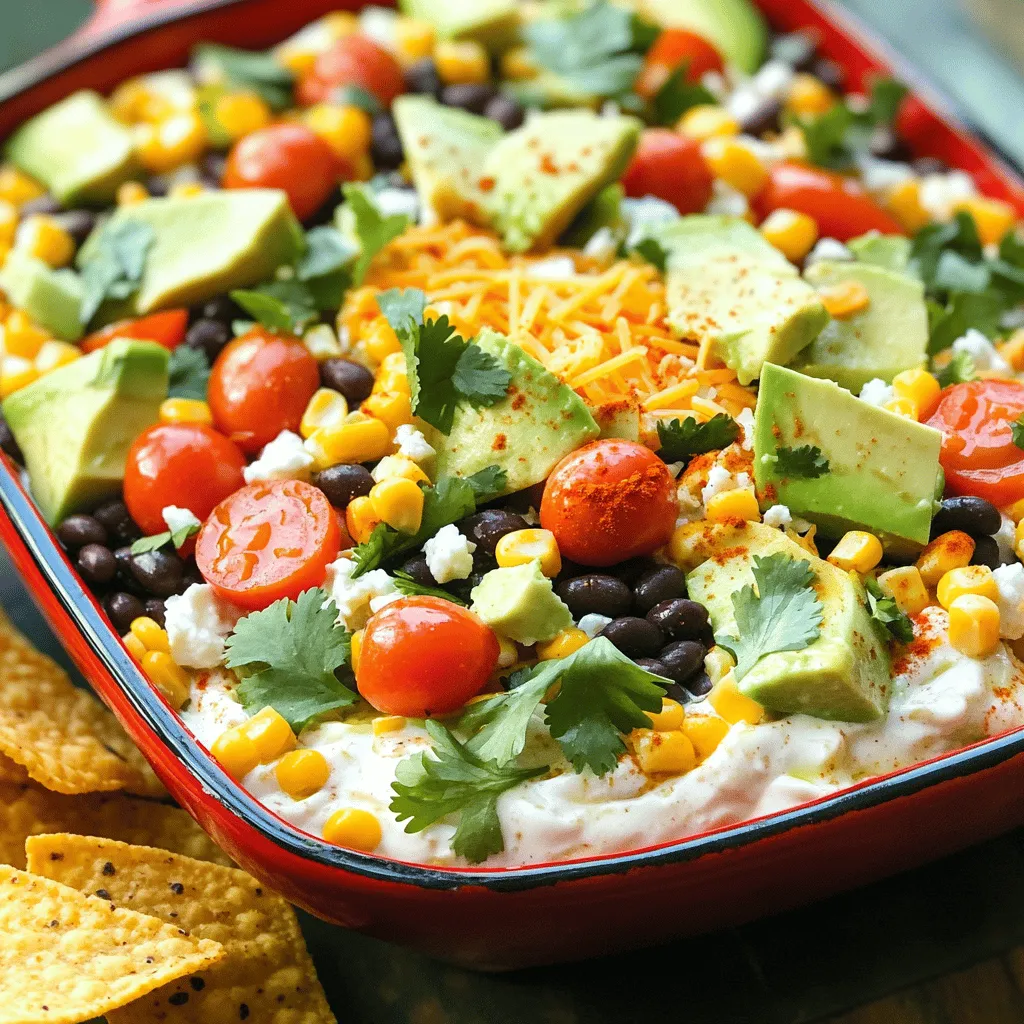 The Southwest Cobb Salad Dip bursts with flavor. It uses classic southwestern ingredients for a fresh taste. Key ingredients include black beans, corn, avocado, cherry tomatoes, red onion, chicken, cheddar cheese, and feta cheese. Each adds its unique touch to this creamy dip.