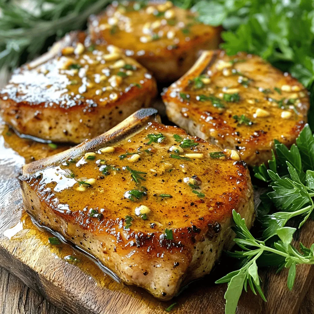 - 4 bone-in pork chops (about 1 inch thick) - 4 tablespoons olive oil - 6 cloves garlic, minced - 1 cup chicken broth