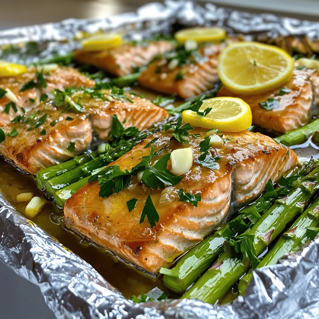 To make baked salmon in foil with asparagus, you need fresh ingredients. The main items are two salmon fillets, about six ounces each. You