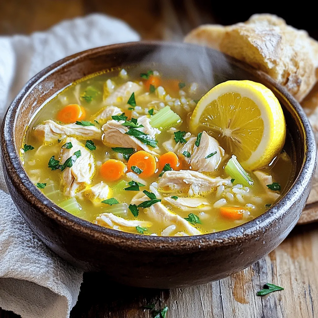 This Chicken Lemon Rice Soup recipe shines with simple and fresh ingredients. You will need 1 pound of boneless, skinless chicken thighs. They give the soup a rich flavor. Next, use 1 tablespoon of olive oil to sauté the chicken and veggies. Onions, garlic, carrots, and celery add depth. You will use 1 medium onion, 2 cloves of garlic, 3 medium carrots, and 2 celery stalks.