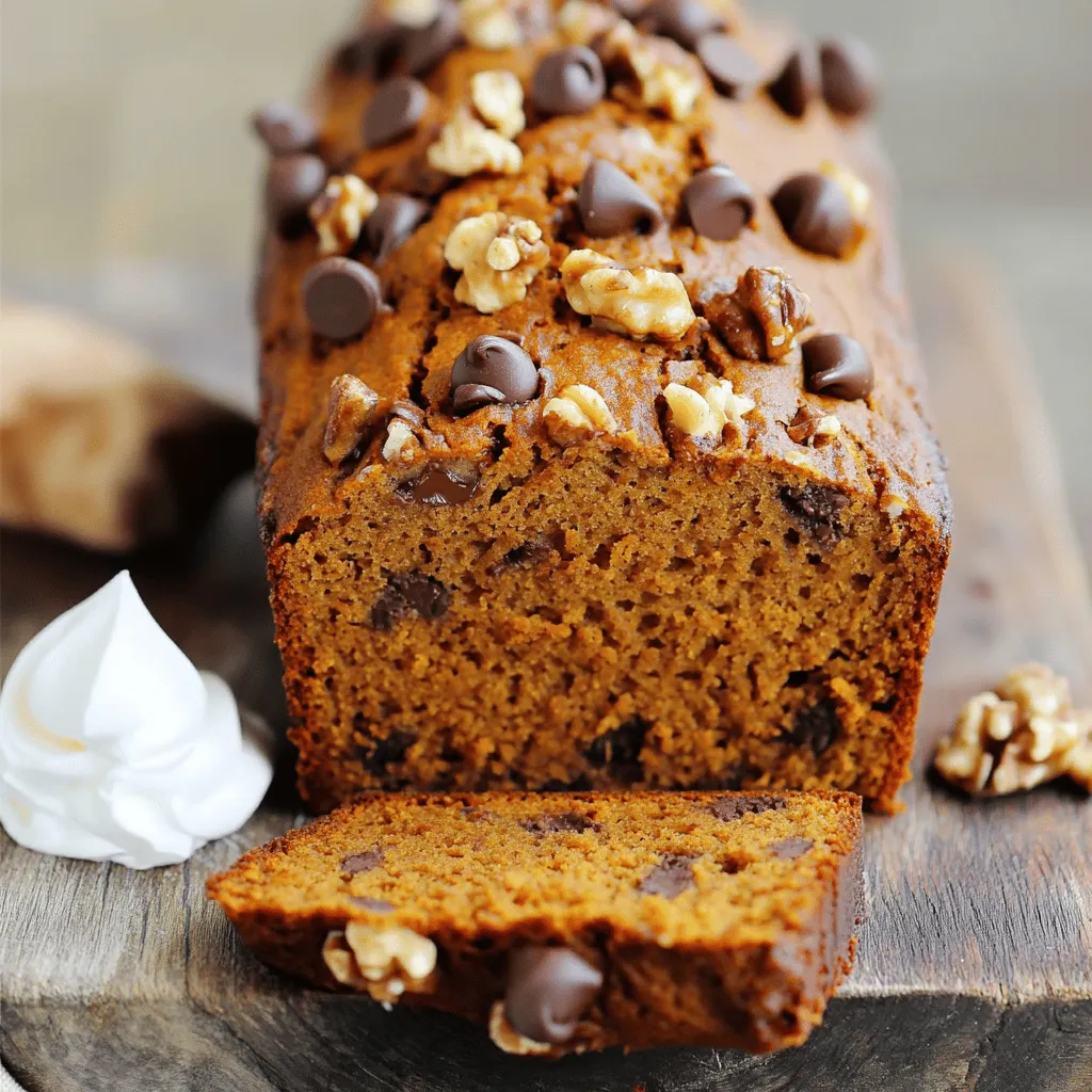 The main ingredients for pumpkin chocolate chip bread are simple yet delicious. First, you need canned pumpkin puree. This gives the bread its rich flavor and moist texture. You will also need vegetable oil, which keeps the bread soft. Sugar sweetens the mix, while eggs help it rise.