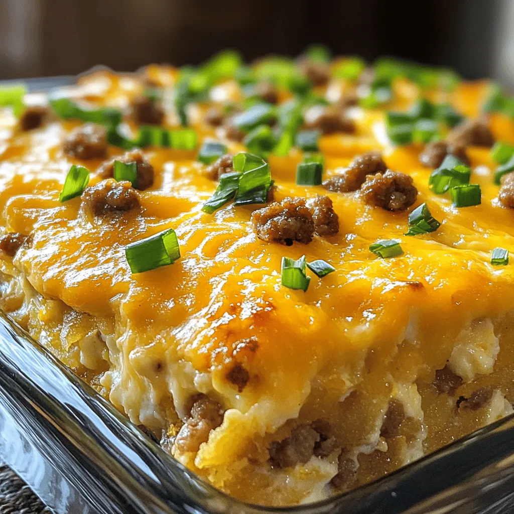 - 1 pound breakfast sausage, crumbled - 6 large eggs - 1 cup cream cheese, softened - 4 cups frozen hashbrowns, thawed